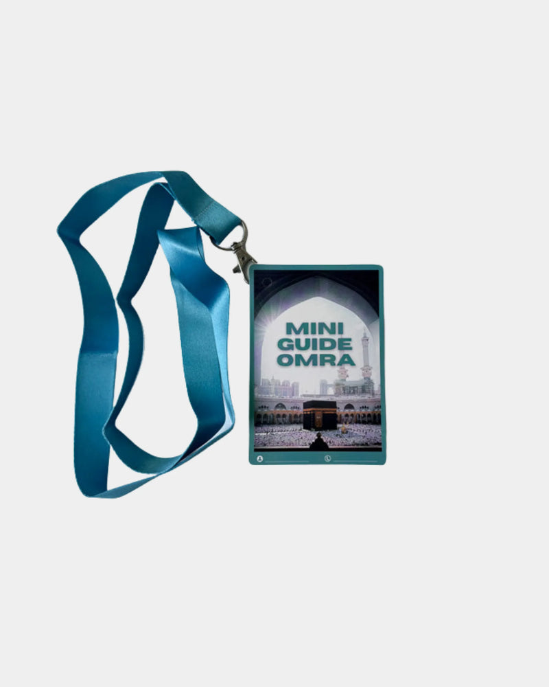 Mini guide Omra turquoise à porter en tour de cou avec vue de la Kaaba