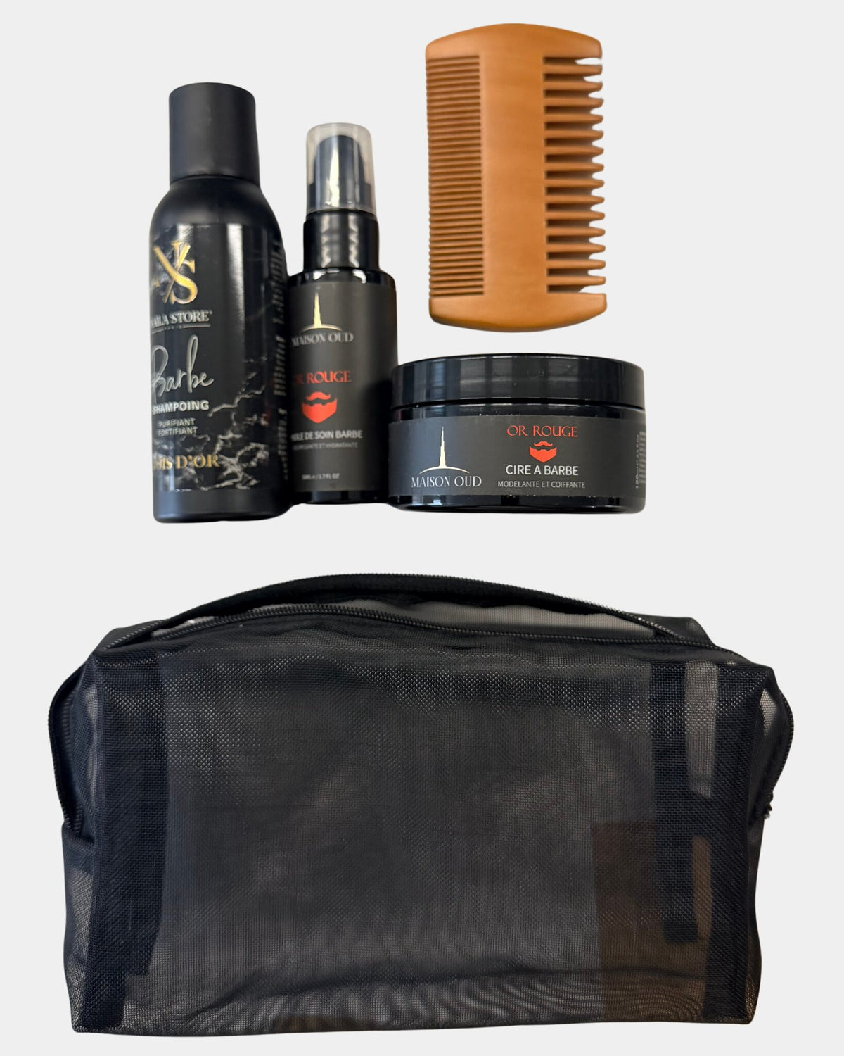 Coffret de soin de la barbe comprenant un shampoing purifiant, une huile de soin Or Rouge Maison Oud, une cire à barbe modelante, un peigne à barbe double denture en bois et une trousse de rangement noire zippée
