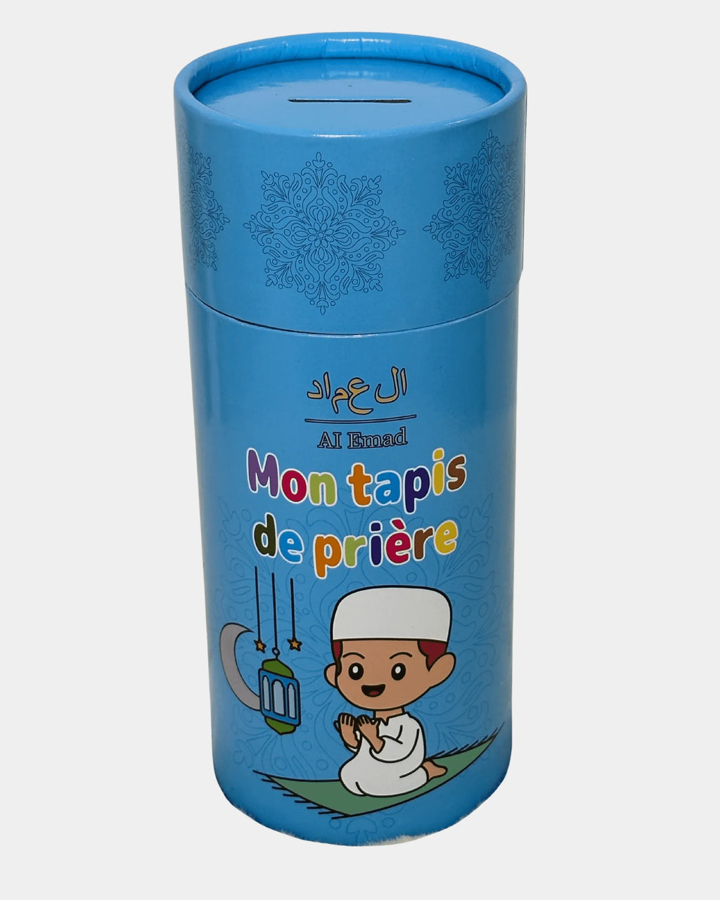 Coffret Mon tapis de prière enfant, tube bleu, motif garçon en prière