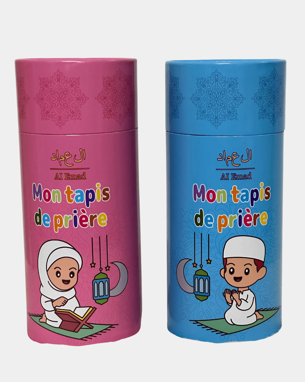 Coffret Mon tapis de prière enfant, tubes rose et bleu, vue duo