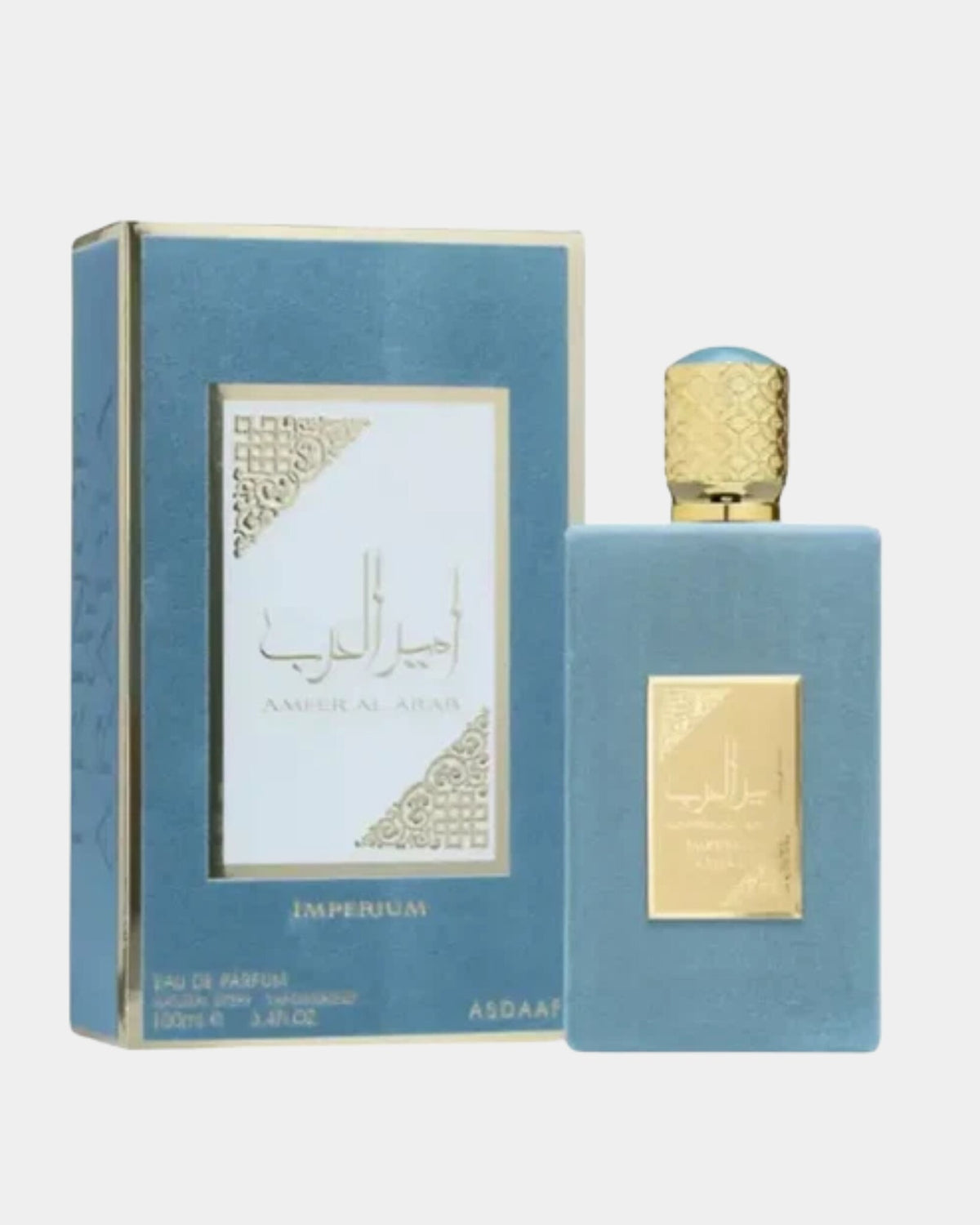 Eau de parfum Ameer Al Arab Imperium Asdaaf 100 ml, flacon bleu ciel velouté à plaque et bouchon dorés ciselés, présenté avec son étui assorti