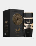 Eau de parfum Asad Lattafa 100 ml, flacon noir mat ceinturé de bandes dorées et médaillon au lion, présenté avec son étui noir et or