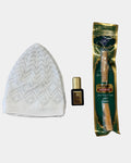 Kit de prière composé d'un bonnet de prière blanc en maille ajourée, d'un flacon de musc sans alcool Royal Gold Maison El Nabil et d'un bâton de siwak naturel sous blister