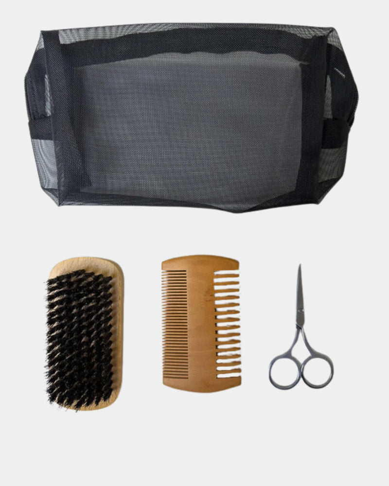Kit de soins barbe — trousse, brosse, peigne et ciseaux