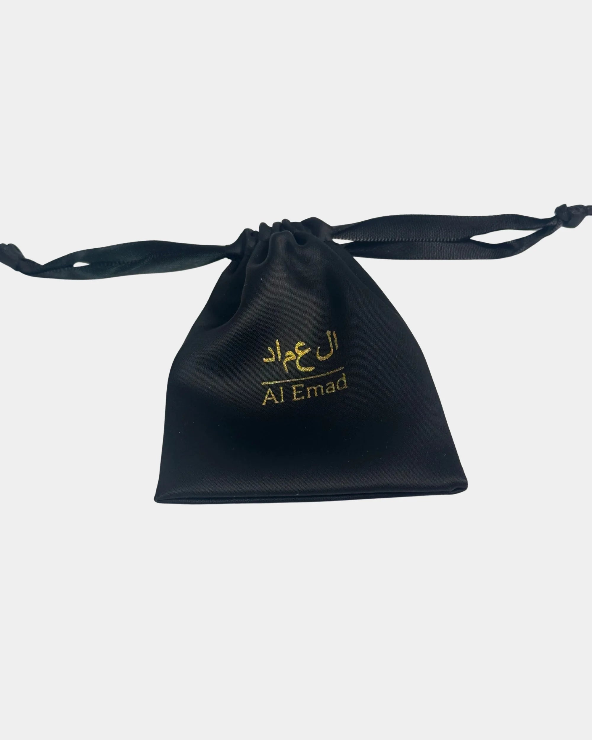 Pochon en satin noir pour tasbih, logo Al Emad doré