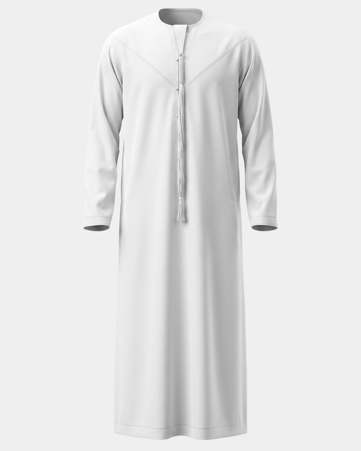 Qamis Dubaï blanc Al Rezam vu de face — col rond, empiècement surpiqué en V et gland tarbousha tressé