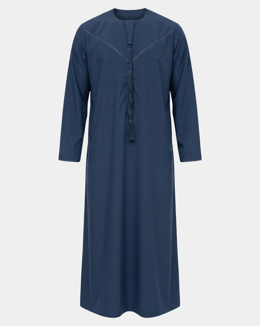 Qamis Dubaï bleu marine Al Rezam vu de face — col rond, empiècement surpiqué en V et gland tarbousha tressé