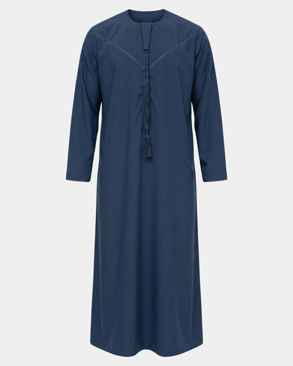 Qamis Dubaï bleu marine Al Rezam vu de face — col rond, empiècement surpiqué en V et gland tarbousha tressé