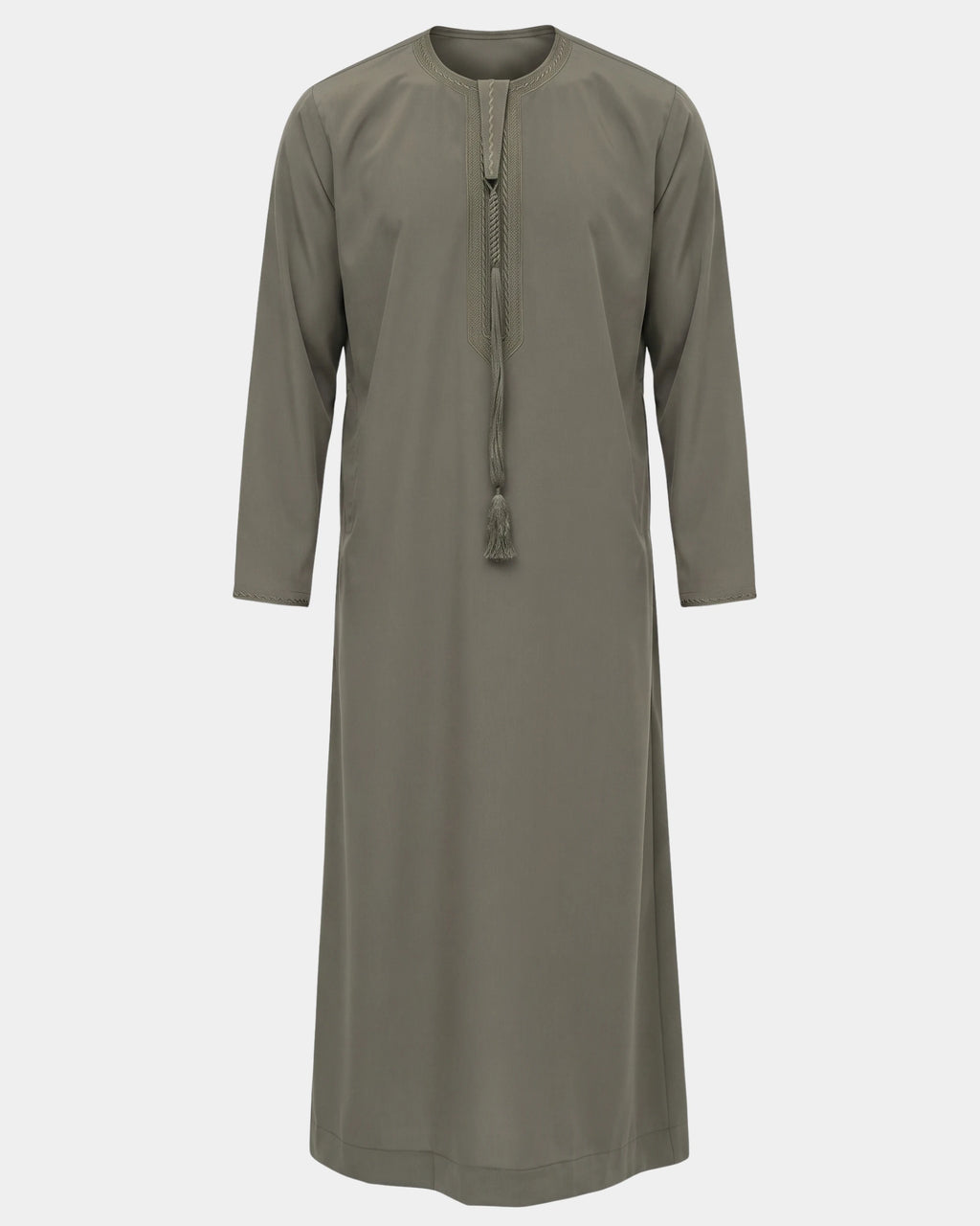 Qamis émirati kaki Al Rezam vue de face, col rond brodé et tarbousha