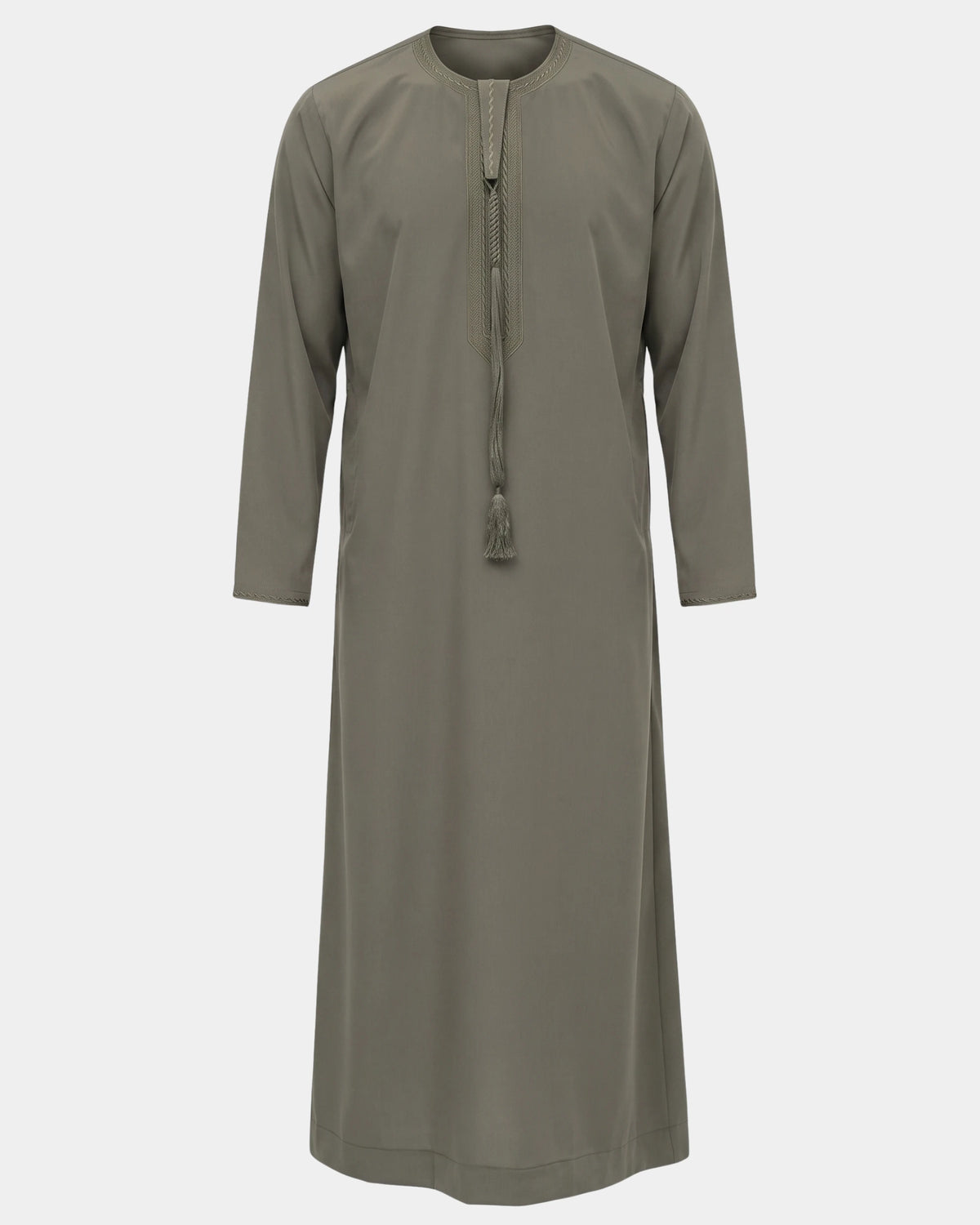 Qamis émirati kaki Al Rezam vue de face, col rond brodé et tarbousha