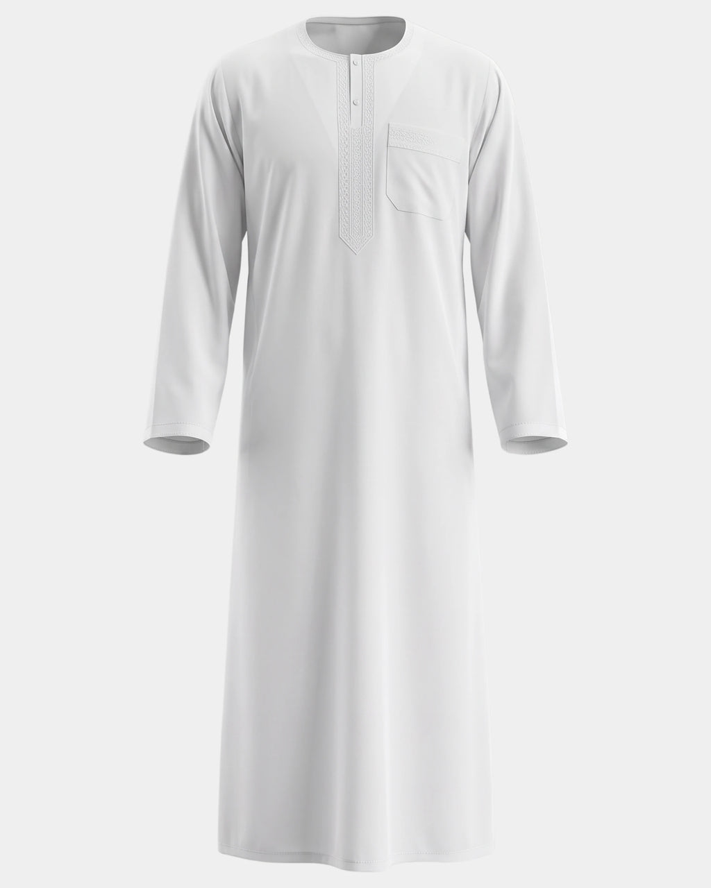 Qamis marocain blanc Al Rezam vu de face — col rond brodé, plastron brodé sur le buste et poche poitrine assortie
