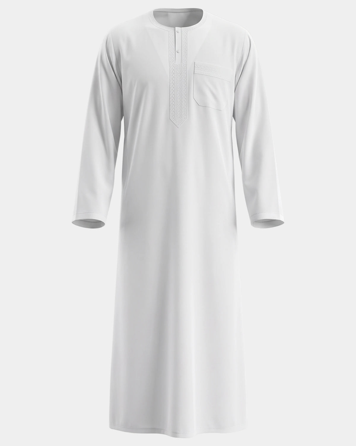 Qamis marocain blanc Al Rezam vu de face — col rond brodé, plastron brodé sur le buste et poche poitrine assortie