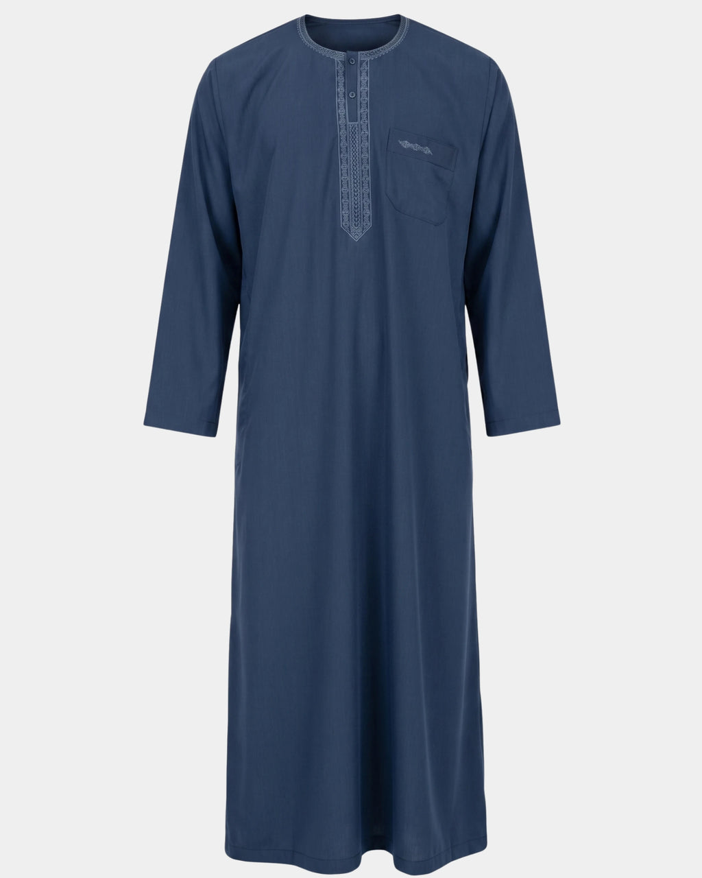 Qamis marocain bleu marine Al Rezam vu de face — col rond brodé, plastron brodé sur le buste et poche poitrine assortie