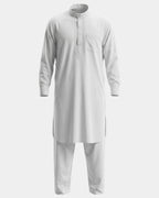 Ensemble qamis-pantalon pakistanais blanc Al Rezam, qamis court brodé et pantalon assorti, vue de face