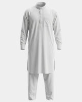 Ensemble qamis-pantalon pakistanais blanc Al Rezam, qamis court brodé et pantalon assorti, vue de face