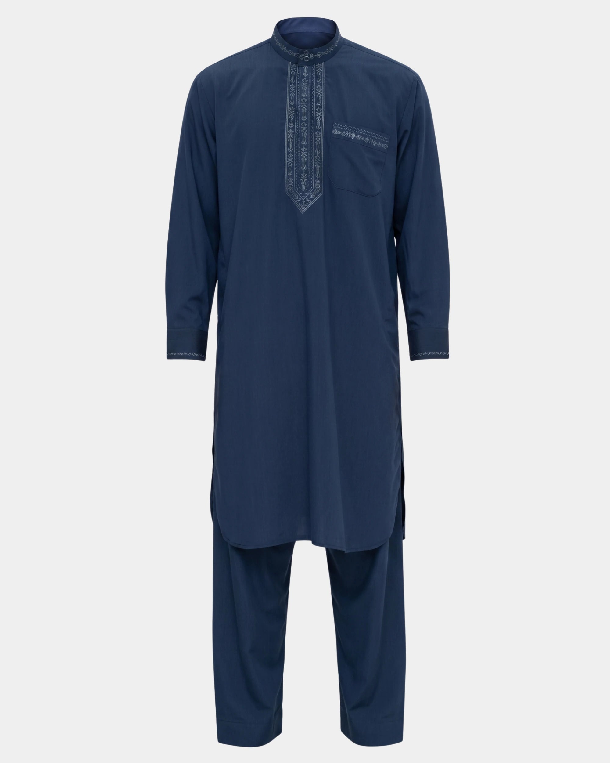 Ensemble qamis-pantalon pakistanais bleu marine Al Rezam, qamis court brodé et pantalon assorti, vue de face