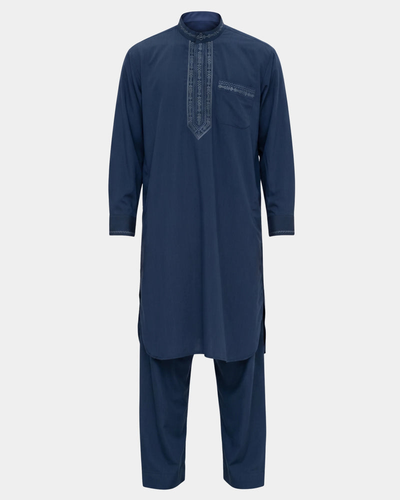 Ensemble qamis-pantalon pakistanais bleu marine Al Rezam, qamis court brodé et pantalon assorti, vue de face