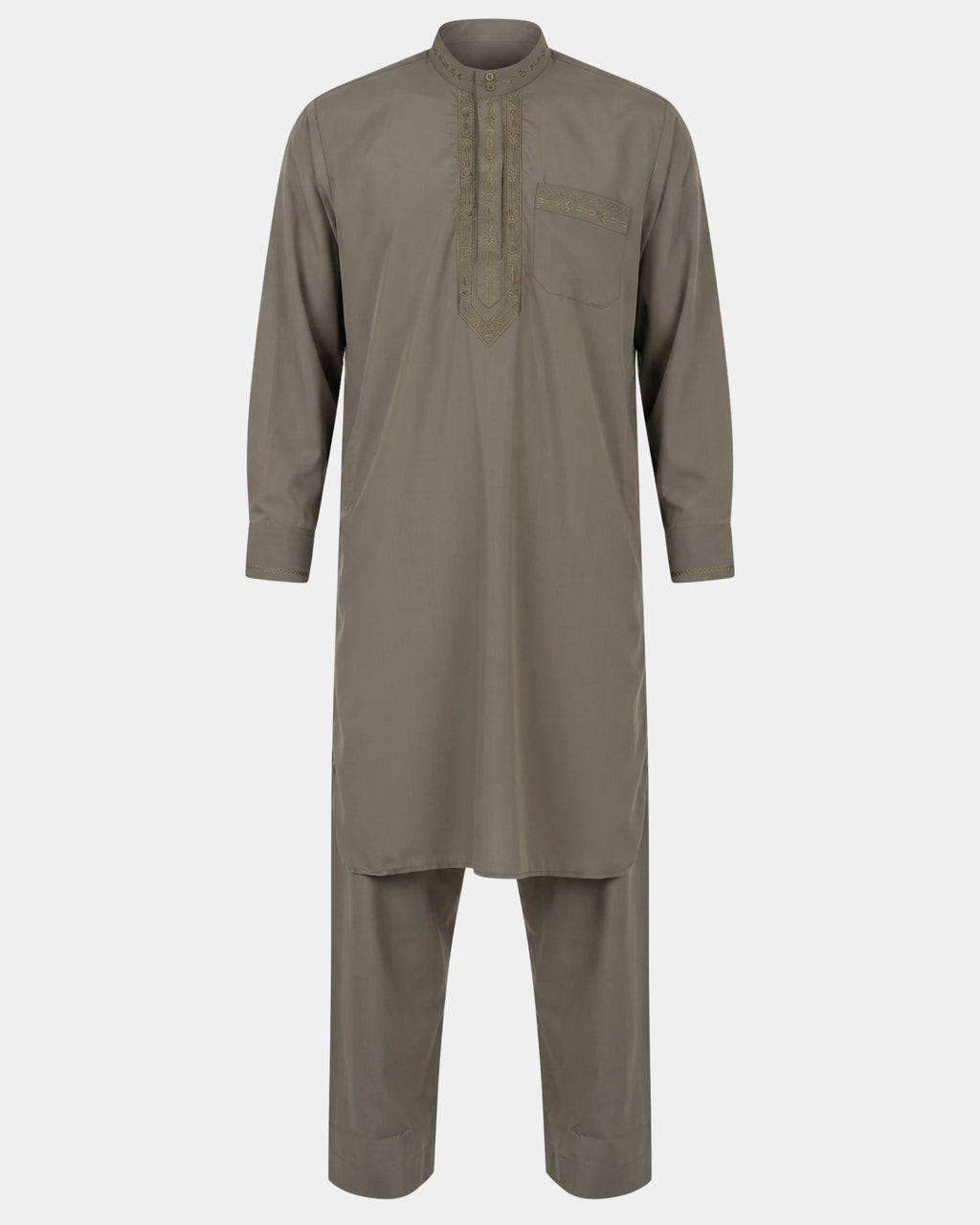 Ensemble qamis-pantalon pakistanais kaki Al Rezam, qamis court brodé et pantalon assorti, vue de face