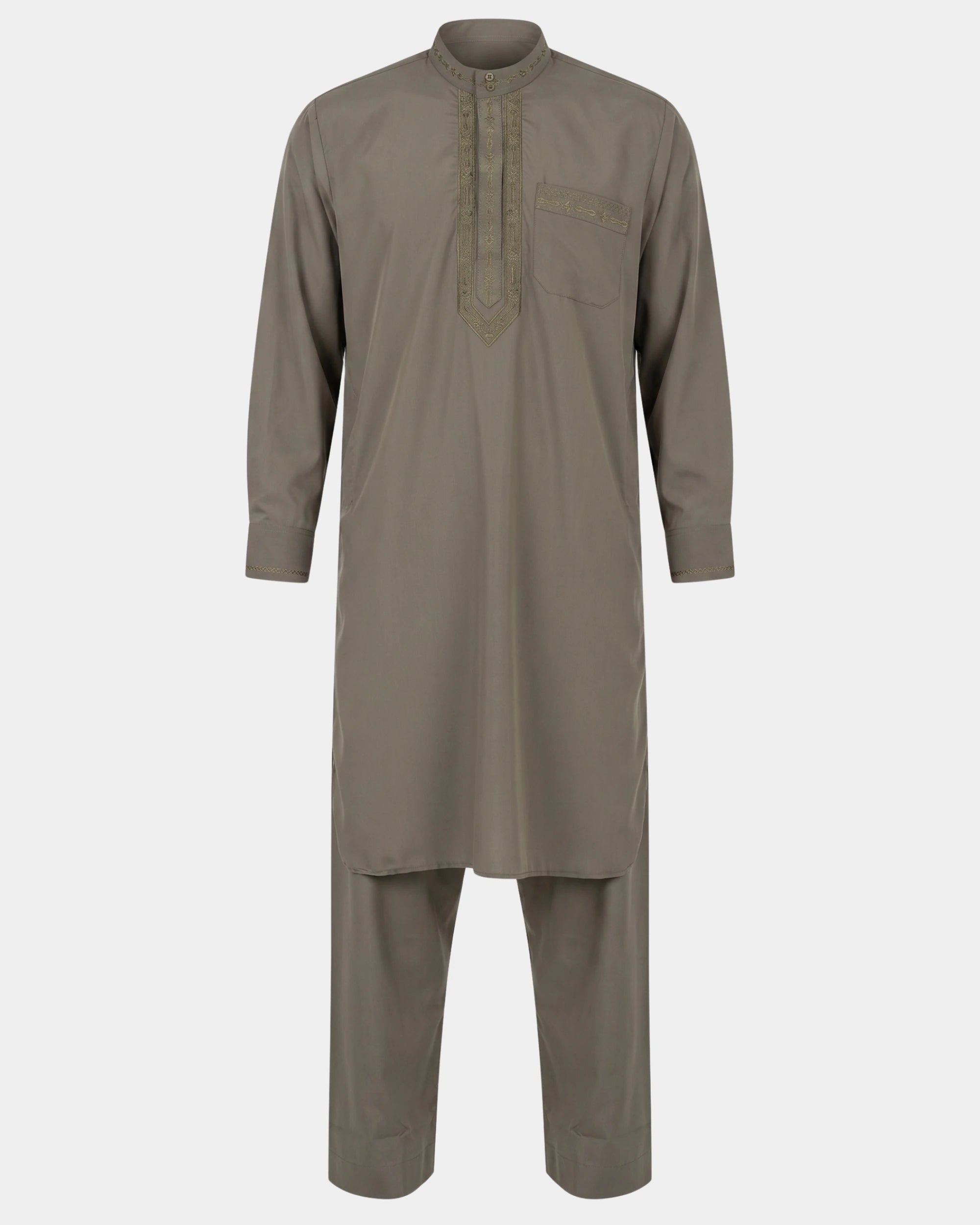 Ensemble qamis-pantalon pakistanais kaki Al Rezam, qamis court brodé et pantalon assorti, vue de face