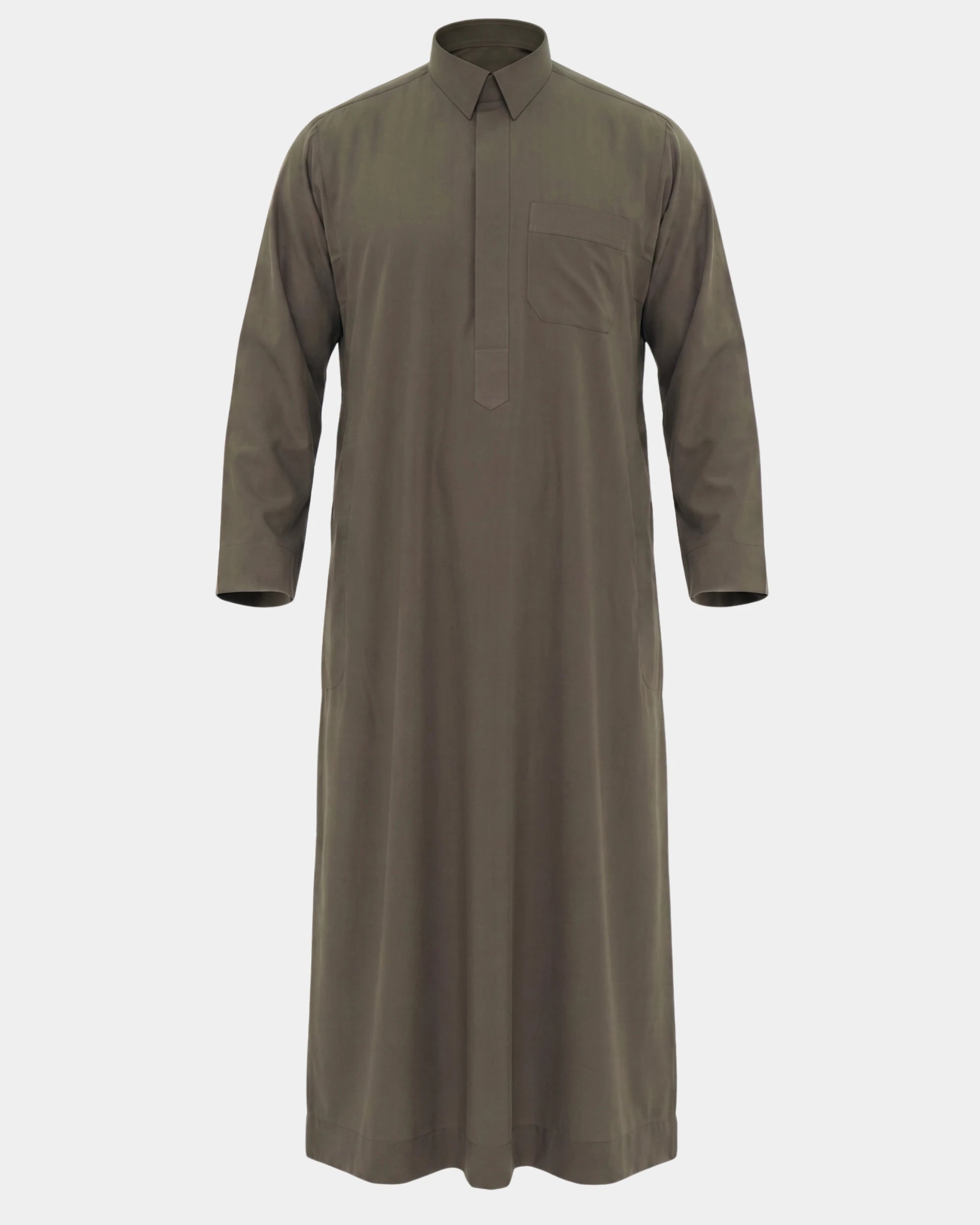 Qamis qatari kaki Al Rezam vue de face, col chemise et poche poitrine