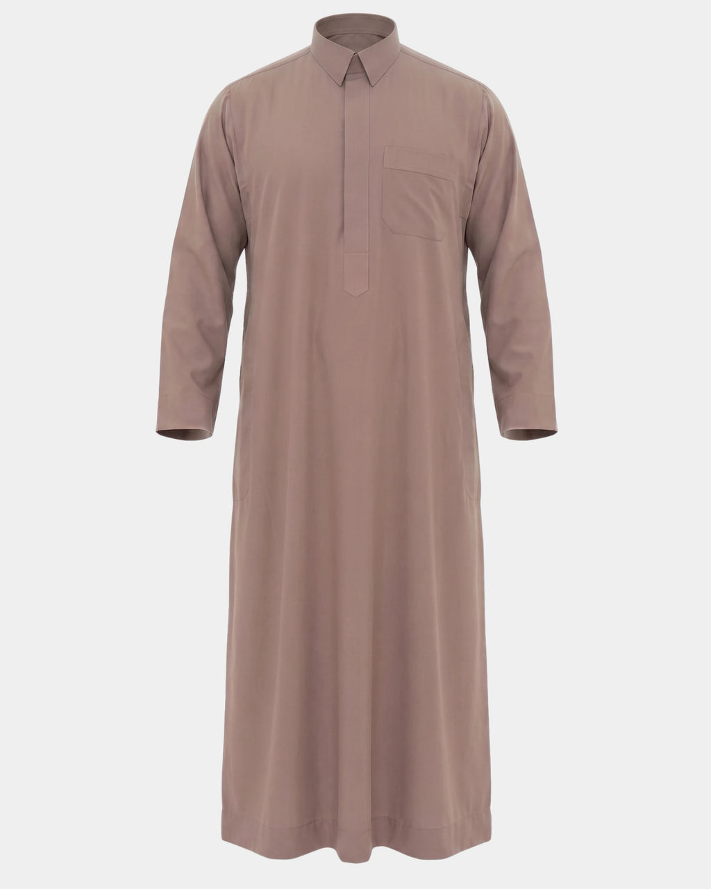Qamis qatari taupe Al Rezam vue de face, col chemise et poche poitrine