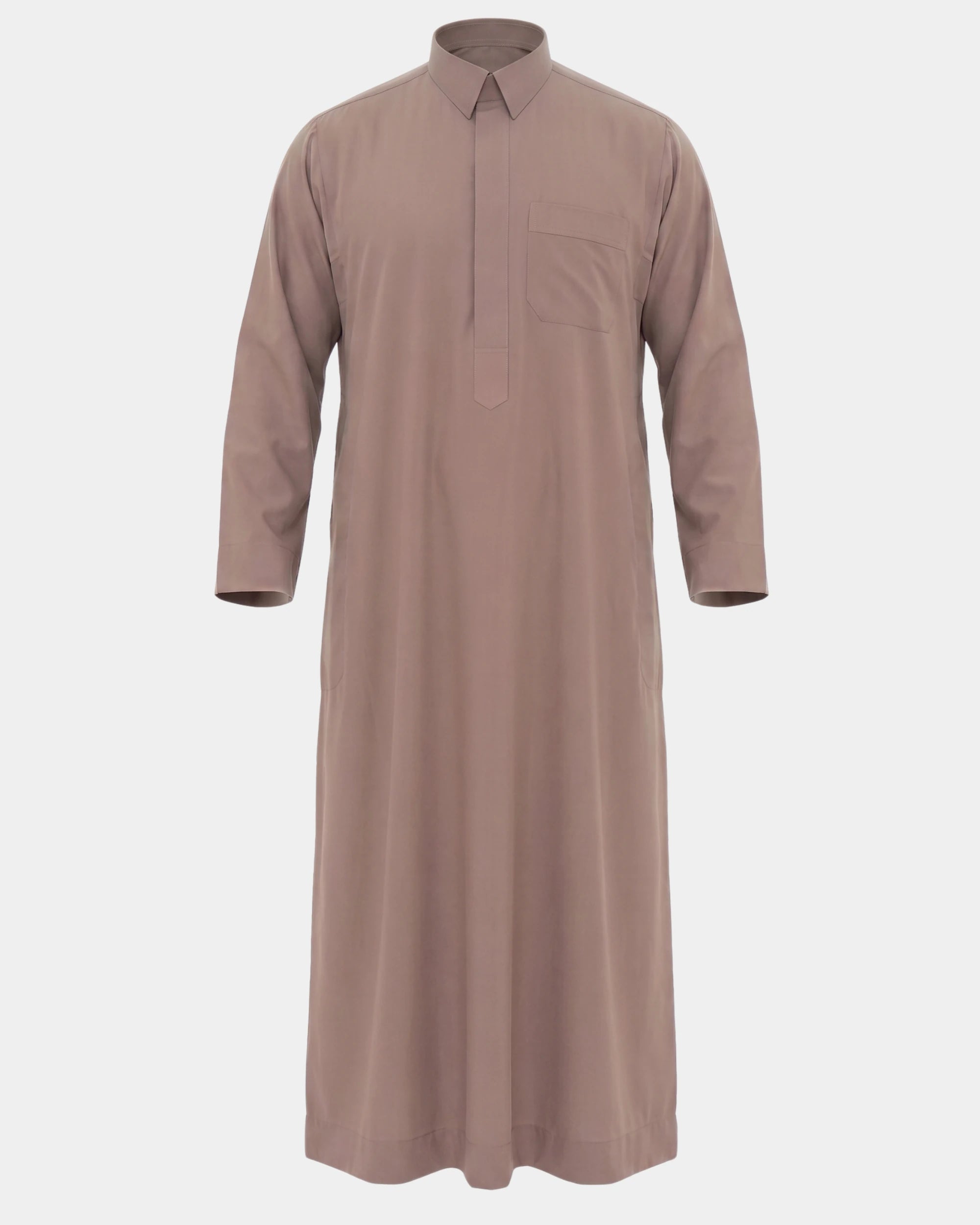 Qamis qatari taupe Al Rezam vue de face, col chemise et poche poitrine