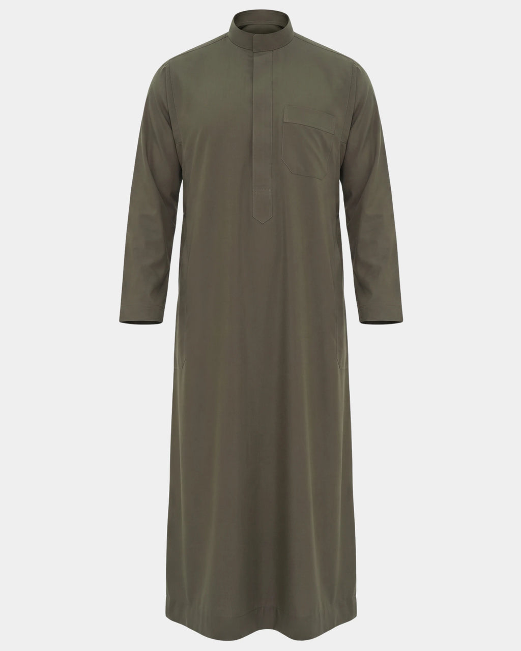 Qamis saoudien kaki Al Rezam vue de face, coupe droite avec col mao et poche poitrine
