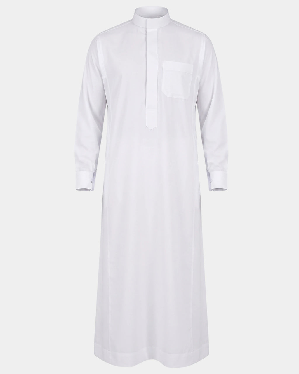 Qamis saoudien blanc Al Rezam à manchettes rigides boutonnées, vue de face, col mao et poche poitrine