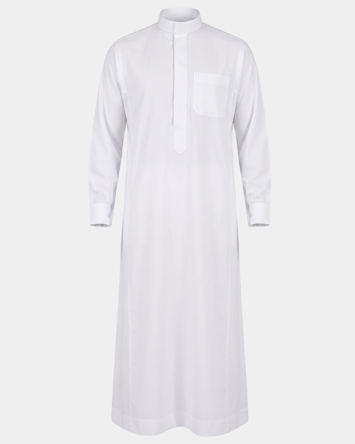 Qamis saoudien blanc Al Rezam à manchettes rigides boutonnées, vue de face, col mao et poche poitrine