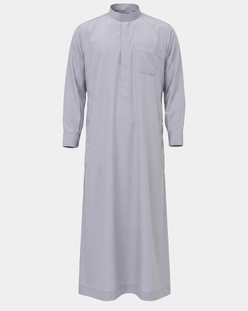 Qamis saoudien gris Al Rezam à manchettes rigides boutonnées, vue de face, col mao et poche poitrine