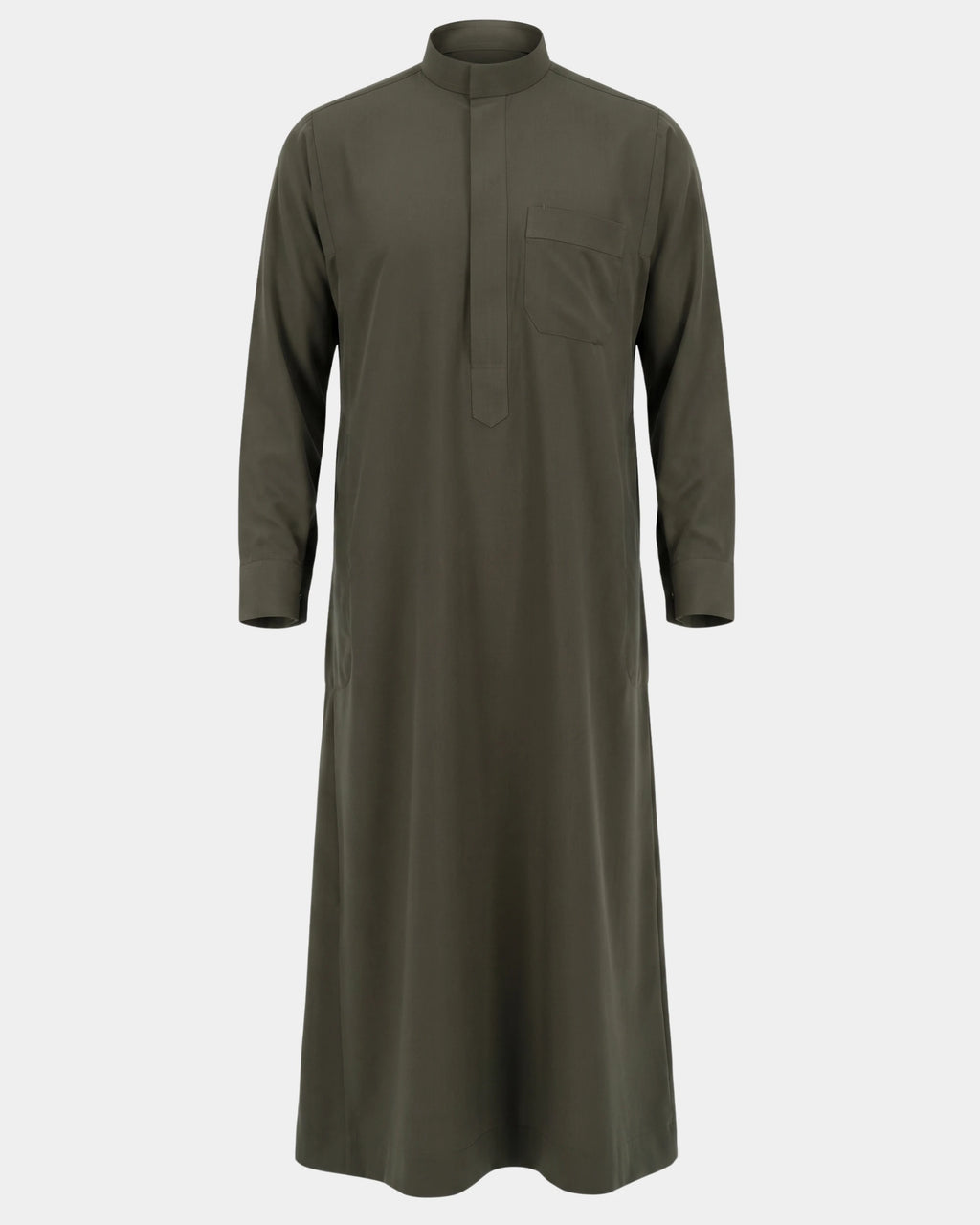 Qamis saoudien kaki Al Rezam à manchettes rigides boutonnées, vue de face, col mao et poche poitrine