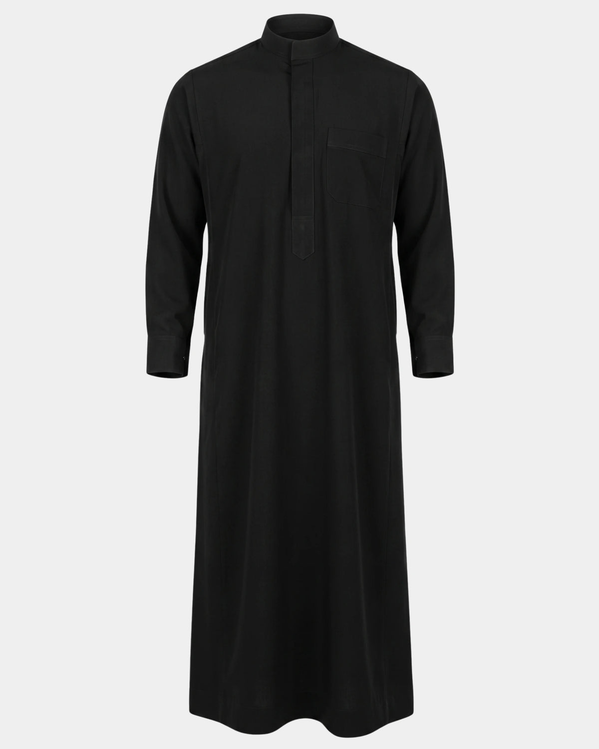 Qamis saoudien noir Al Rezam à manchettes rigides boutonnées, vue de face, col mao et poche poitrine