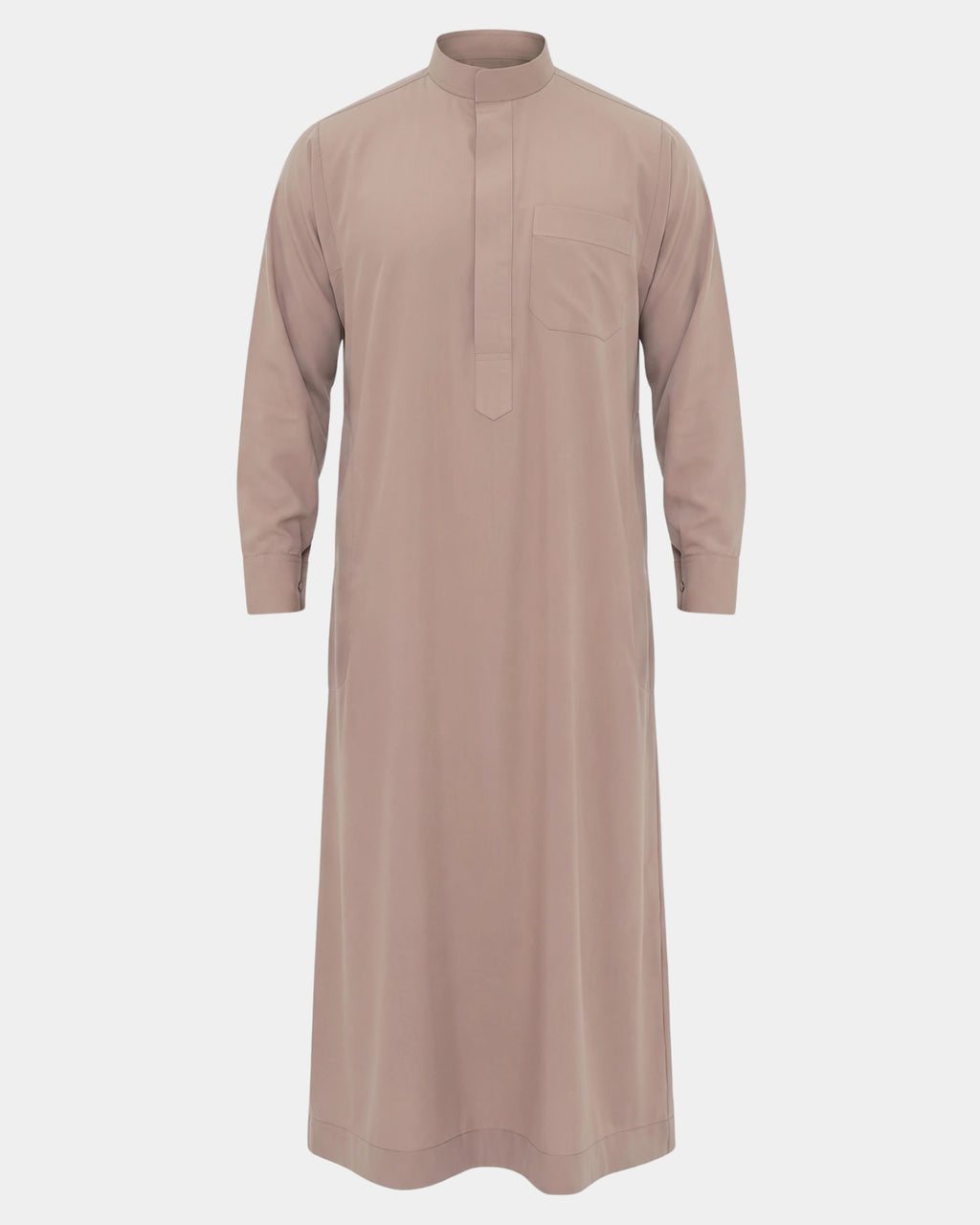 Qamis saoudien taupe Al Rezam vue de face, col mao, poche poitrine et manchettes rigides à boutons
