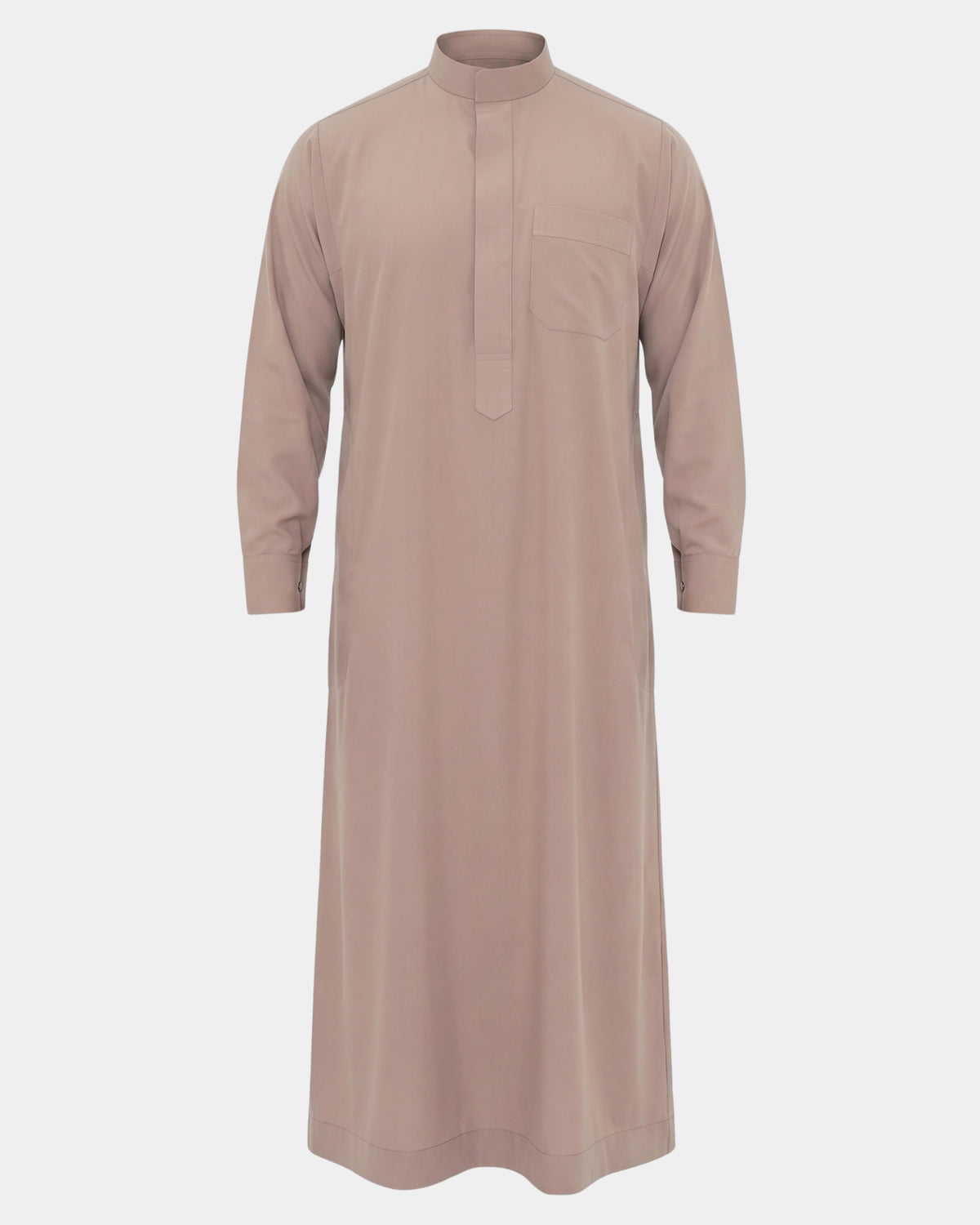 Qamis saoudien taupe Al Rezam vue de face, col mao, poche poitrine et manchettes rigides à boutons