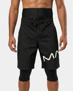 Short de bain caché awra noir porté, taille haute jusqu'au nombril, cordon de serrage