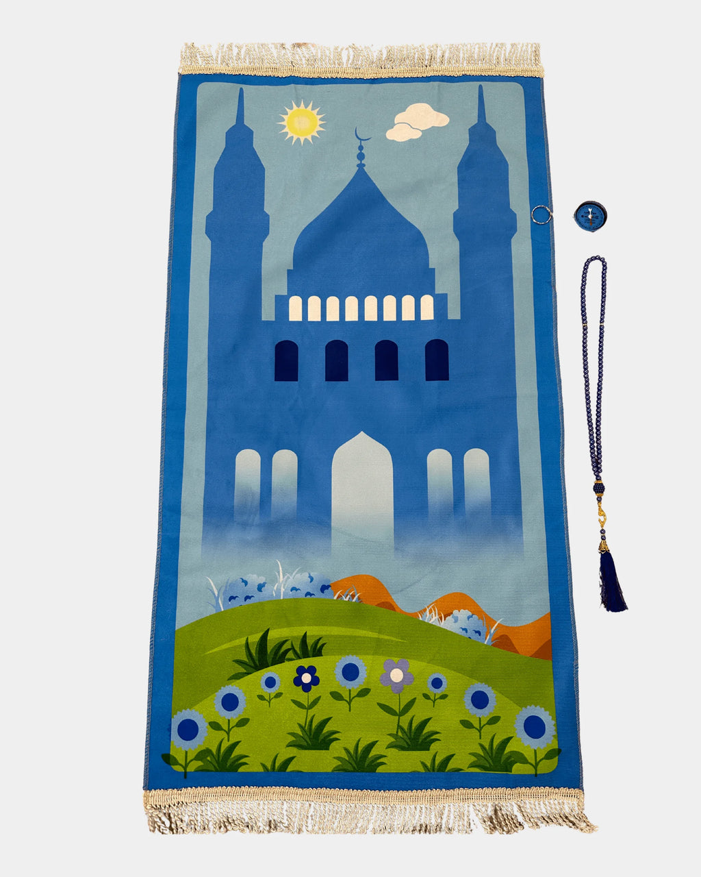 Tapis de prière enfant bleu motif mosquée, avec boussole qibla et tasbih