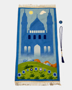 Tapis de prière enfant bleu motif mosquée, avec boussole qibla et tasbih