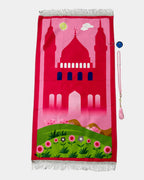 Tapis de prière enfant rose motif mosquée, avec boussole qibla et tasbih